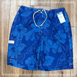 Chaps Swim Trunks Mens Medium Blue New Tropical Hibiscus Floral Cargo Shorts